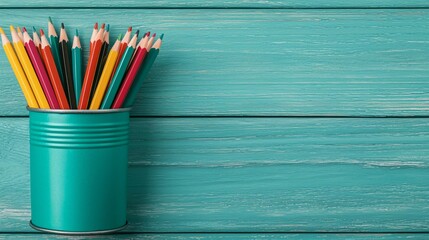 Wall Mural - Colorful pencils in tin, wood background, education, creativity