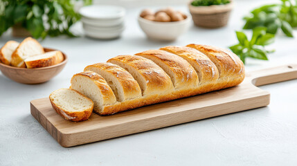 Aufkleber - Freshly baked sourdough bread on wooden cutting board, sliced and ready to serve. warm, golden crust and soft interior create delightful culinary experience