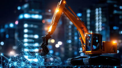 Poster - futuristic mining site features autonomous excavator working at night, illuminated by city lights. scene blends technology and urban landscape, showcasing innovation