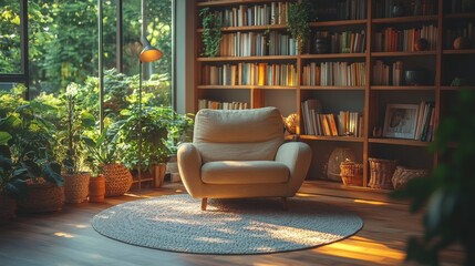 Aufkleber - A stylish armchair sits in a bright and inviting corner, surrounded by lush plants and a large bookshelf filled with books. Sunlight filters through large windows, creating a warm ambiance.