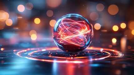 Poster - futuristic scene featuring glowing sphere with dynamic energy patterns, surrounded by vibrant bokeh lights, symbolizes advanced physics research and technology