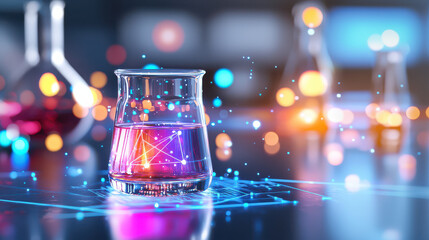 Poster - vibrant laboratory scene featuring glass beaker filled with colorful liquid, surrounded by glowing particles and blurred laboratory equipment, evokes sense of scientific discovery and innovation