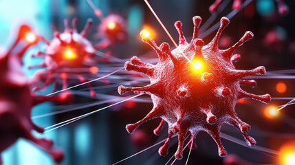 Poster - Futuristic scene of virus research showcasing detailed virus structures with glowing elements, emphasizing advanced technology in microbiology