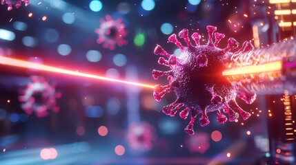 Poster - Futuristic scene of virus research showcasing advanced technology and vibrant colors. image captures virus being targeted by laser, symbolizing scientific innovation and exploration
