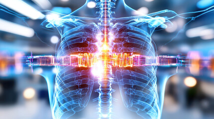 Leinwandbilder - Futuristic X ray technology showcasing digital representation of human skeleton with vibrant colors. This highlights advanced medical imaging techniques and innovation