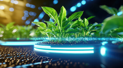 Aufkleber - Futuristic soy farm with advanced technology and analytical data, showcasing vibrant green plants in illuminated growth pods. scene reflects innovation in agriculture