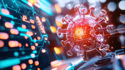Aufkleber - futuristic virus model surrounded by digital technology and data visualization, representing advanced research in virology and biotechnology