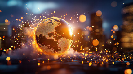 Aufkleber - glowing globe surrounded by flowing smoke and digital sparks creates captivating atmosphere. vibrant colors and dynamic elements evoke sense of wonder and innovation
