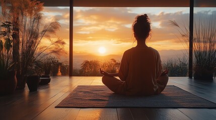 Poster - A woman sits cross-legged on a cozy mat, meditating as the sun sets over the horizon. The warm light filters through large windows, illuminating the room filled with greenery.