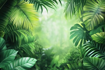 Wall Mural - Lush tropical foliage frame, jungle background, sunlight, design element