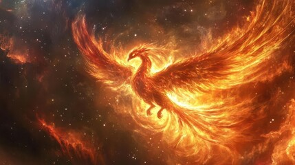Wall Mural - a celestial phoenix rising from cosmic flames iridescent feathers radiating prismatic light against 
