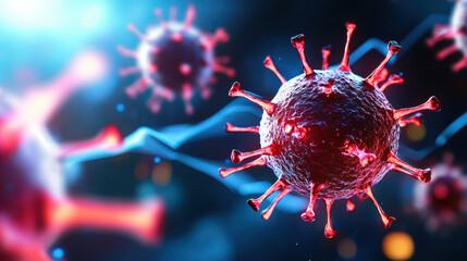 Poster - High tech virus illustration showcasing advanced microscopic details and vibrant colors. This captures intricate structure of viruses, emphasizing their complexity and scientific significance