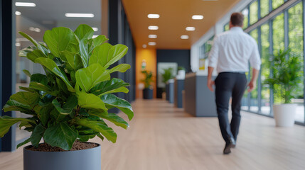 Aufkleber - modern office interior featuring man walking past large indoor plant. space is bright and airy, showcasing contemporary design elements and greenery