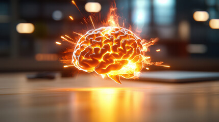Poster - conceptual image of glowing brain surrounded by sparks and light, symbolizing artificial intelligence and creativity. vibrant colors evoke sense of innovation and energy