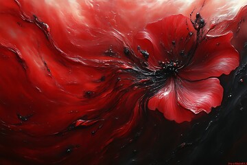 abstract red poppy flower in swirling dark background.