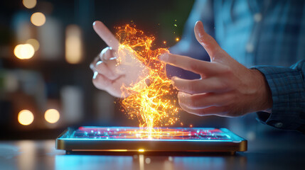 Poster - Hands manipulating glowing energy above tablet, creating vibrant sparks and light. scene conveys sense of magic and technology merging seamlessly