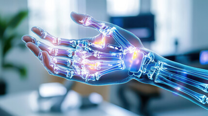 Leinwandbilder - futuristic robotic hand with glowing joints and intricate design, showcasing advanced technology in modern workspace. image evokes sense of innovation and possibility