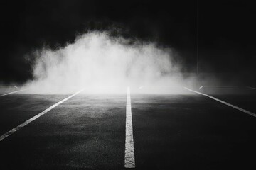 Mysterious fog envelops an empty parking lot at night creating an eerie atmosphere