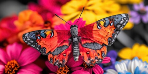 Wall Mural - Red and black butterfly on pink flower