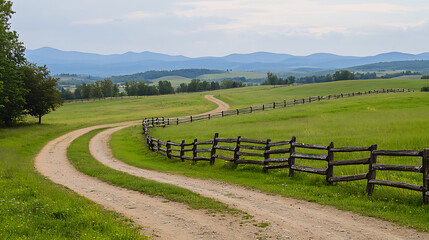 Wall Mural - Scenic view of a winding dirt road passing through lush green fields, bordered by wooden split rail fences, leading towards rolling hills and distant mountains