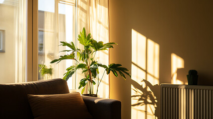 Wall Mural - Golden sun rays streaming through the window, filling the room with warmth and creating a cozy, inviting atmosphere perfect for relaxation