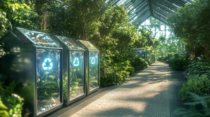 Poster - A serene walkway in a greenhouse is lined with vibrant plants and recycling bins, showcasing an eco-friendly approach to nurturing nature while promoting sustainability in a bright atmosphere.