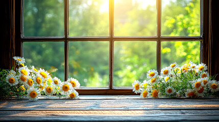 Sticker - Sunlit Daisies on Wooden Windowsill: A Summer's Day Dream