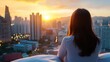 © QuietWord - Asian woman hotel relaxation on lazy day, woman  waking up from good sleep on bed with sunrise over urban cityscape