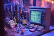 © Tanu - Miniature futuristic cityscape with vintage computer setup illuminated in dim light
