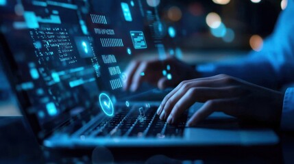 Programmer coding late, city night, data streams, software