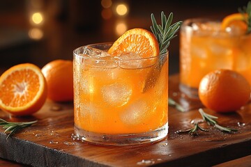 Iced orange cocktails with rosemary garnish on wood, bokeh background