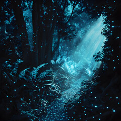 Wall Mural - Enchanted Forest Path: A mystical forest path illuminated by the ethereal glow of fireflies, a magical scene where nature's beauty meets otherworldly wonder. The path disappears into the dark forest.