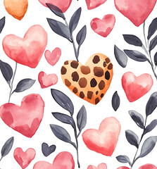 Wall Mural - Watercolor hearts and leaves pattern featuring pink and leopard print hearts, creating vibrant and playful design. Perfect for various creative projects