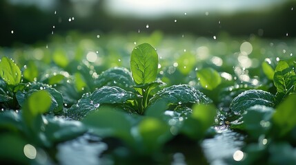 Wall Mural - Lush green spinach plants thriving in a rain-soaked field, glistening under soft sunlight