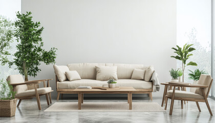 Wall Mural - Cozy modern living room adorned with greenery and natural materials