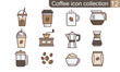 © Mst - Coffee icon set in thin line style. Cafe and restaurant corporate identity design elements. Coffee maker or coffee shop vector pictograms. Hot drinks signs collection isolated on white background