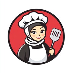 Canvas Print - Female chef wearing a hijab, white apron, and hat holds a spatula. A cooking logo