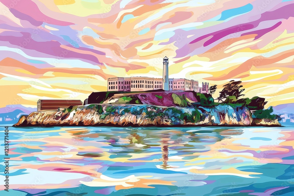 Colorful Illustration of Alcatraz Island Under a Vibrant Sunset ...