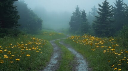 Wall Mural - Serene winding path through misty forest with vibrant wildflowers and soft fog in background