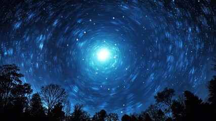 Fototapete - Celestial Vortex: A mesmerizing long-exposure shot captures the swirling movement of stars around a luminous moon, creating a captivating celestial vortex above a dark silhouette of trees.