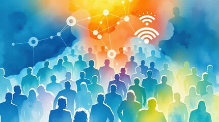 Wall Mural - vibrant watercolor, silhouettes of people, wifi symbols, digital connectivity, social network concept, colorful gradient background, abstract crowd scene, technology icons, data visualization