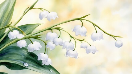 Wall Mural - A delicate cluster of white lily of the valley flowers against a soft, pastel background, evoking a serene and gentle atmosphere.