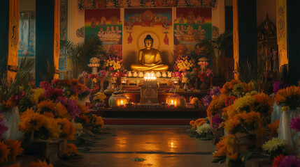 Inside view of temple during Kathina Festival, altar decorated with fresh flowers and brightly colored robe offerings, golden Buddha statue glowing softly in the center of the room, Ai generated image