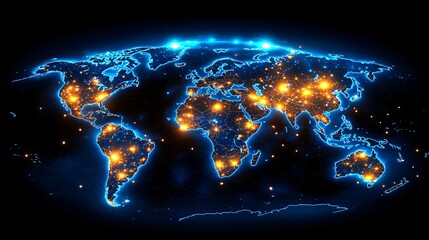 Global network connections, illuminated world map, data flow, background dark.  Website banner