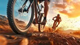 Intense Mountain Bike Race at Sunset: Dynamic Action Shot on Dusty Trail