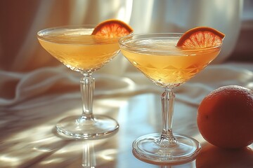 Two orange cocktails by window on table with fruit garnish