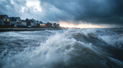 Wall Mural - stormy waves crash against coastal village under dramatic, cloudy sky, with houses illuminated by wa