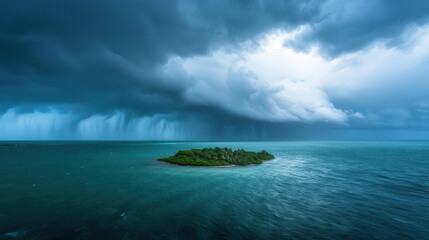 Wall Mural - small lush island surrounded by turquoise waters under dramatic stormy sky with heavy rain in distan