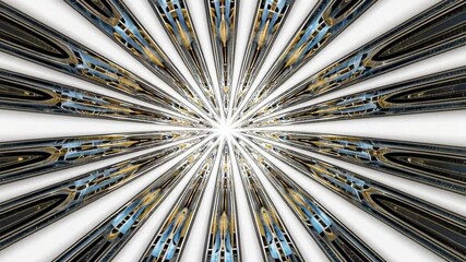 Poster - Radiating Symmetry: Abstract art featuring a mesmerizing kaleidoscope of metallic, radiating lines converging towards a central point, creating a dynamic and symmetrical pattern. 
