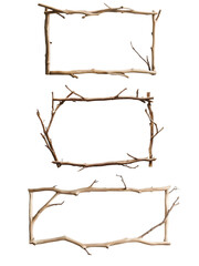 Poster - Three rectangular frames constructed from natural twigs are stacked vertically against a light background.
